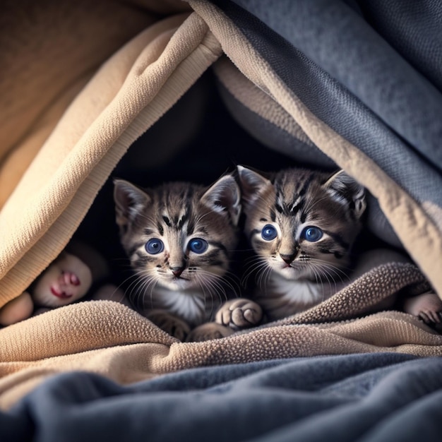 A group of adorable kittens cuddled up together in a cozy blanket fort