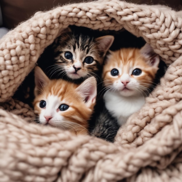 A group of adorable kittens cuddled up together in a cozy blanket