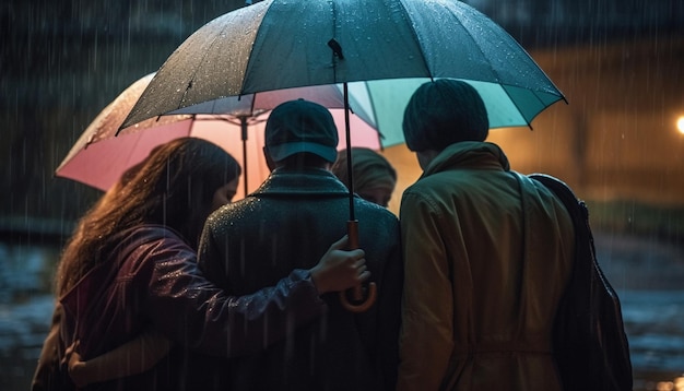 A group of adults walking in the rain at night generated by AI