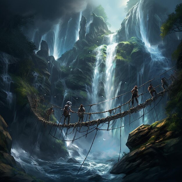 A group of adventurers climbing a dilapidated rope bridge over a waterfall