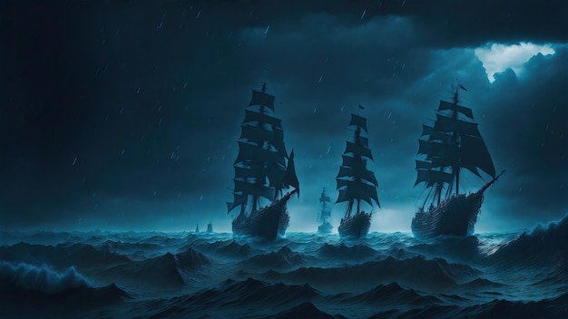 A group of adventurers sails towards a distant island their ship cutting through waves of a sea