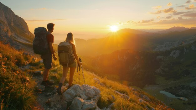 Photo a group of adventurers walking up a mountain at sunset ai generated image