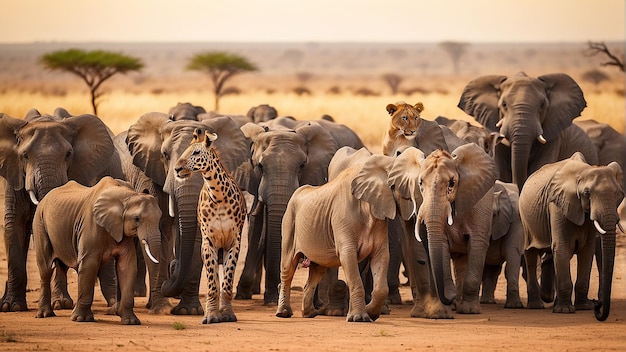 Photo a group of african animals including elephants giraffes and rhinos are standing in a grassy field