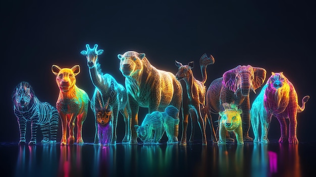 A group of African animals rendered in a colorful glowing wireframe style