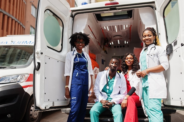 Group of african paramedic ambulance emergency crew doctors 