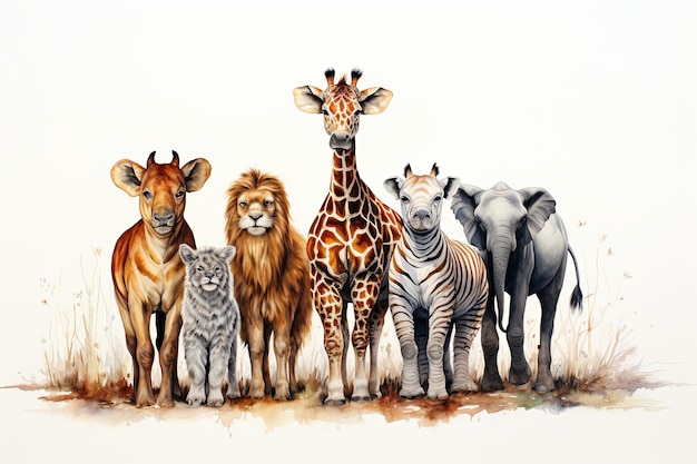 Group of African safari animals together and Cute safari wildlife animal with giraffe lion elephant lion zebra tiger