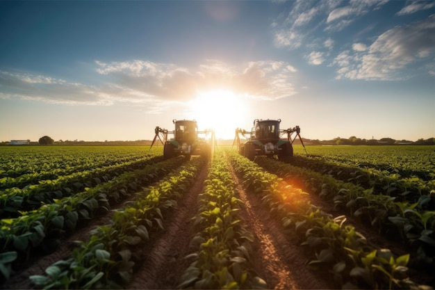 Group of agricultural robots working in a sundrenched field Generative AI