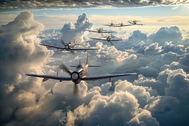 Photo a group of airplanes are flying in the sky and one has a picture of the tail