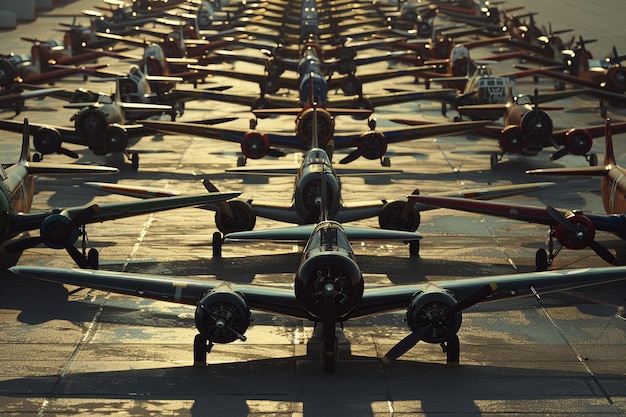 Photo a group of airplanes are lined up in a row