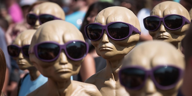 A group of alien statues wearing sunglasses