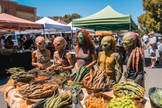 Group of aliens at farmers market sampling fresh produce and herbs created with generative ai