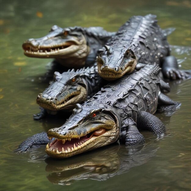 a group of alligators are laying in the water with their mouths open