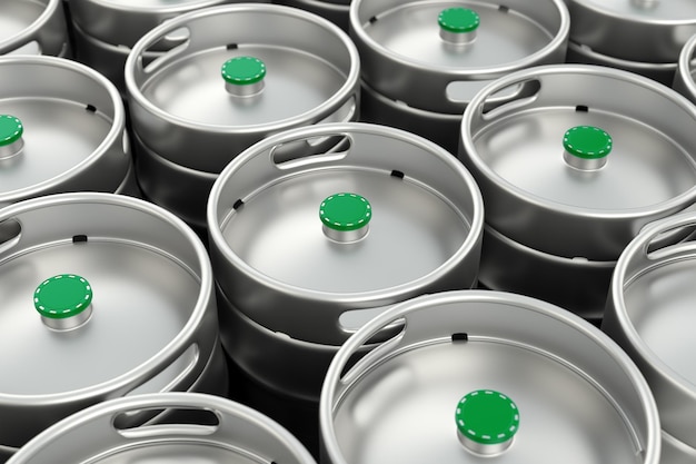 Group of aluminum beer kegs with green lids  background 3D illustration