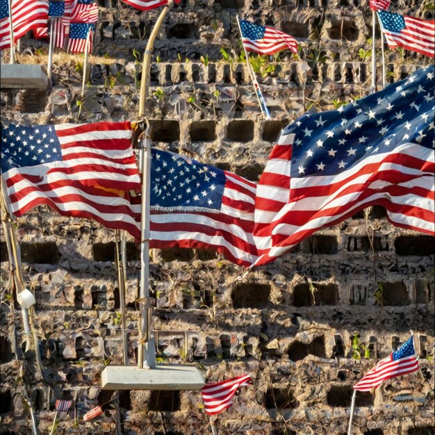 a group of american flags are flying in front of a stone wall