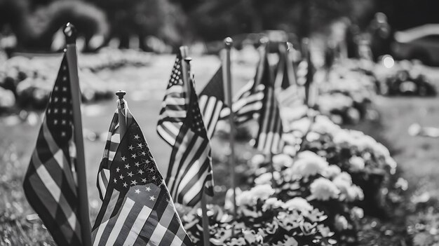 Photo a group of american flags are in a row with a lake in the background