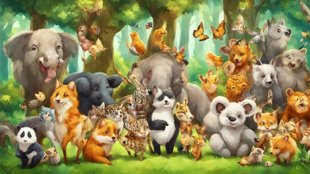 Photo a group of animal play with elephant and wild animal in forest illustration