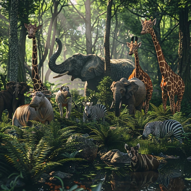 Photo a group of animals are in the forest with zebras and rhinos