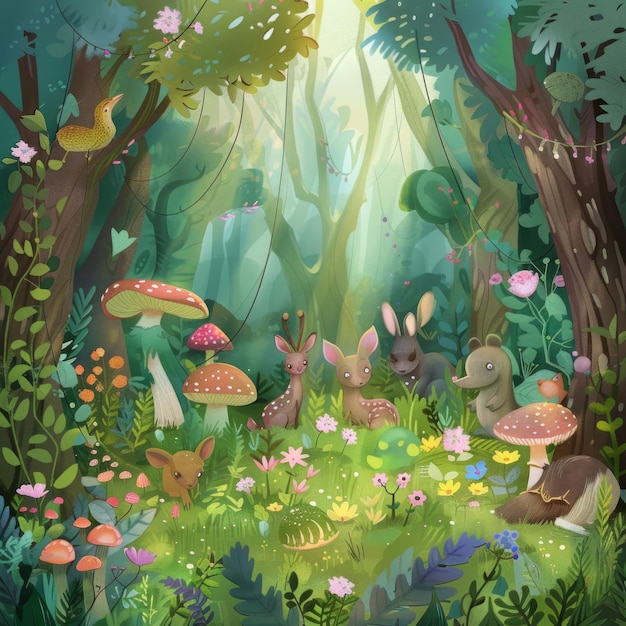 A group of animals are sitting in a forest including a rabbit a deer