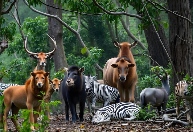 Photo a group of animals are standing in a forest with one zebra and the other is black