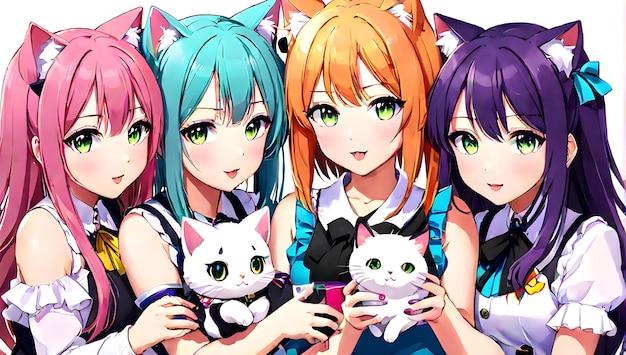 Group of anime girls with different colored hair and makeup one of them is holding a cat