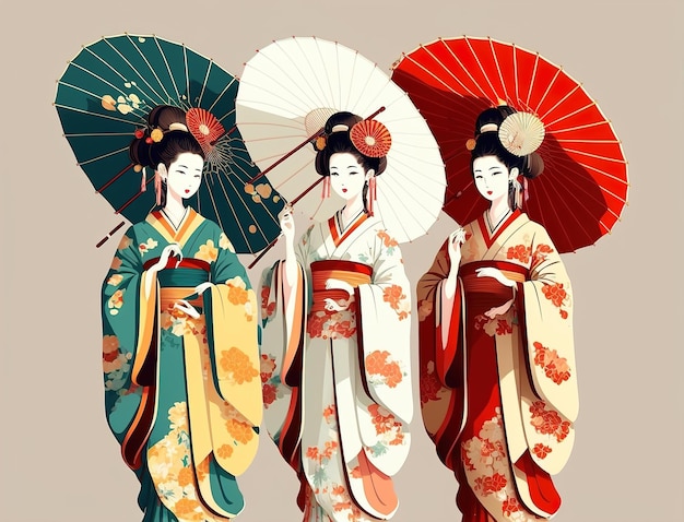 Group of anime manga girls in traditional Japanese kimono costume holding paper umbrella