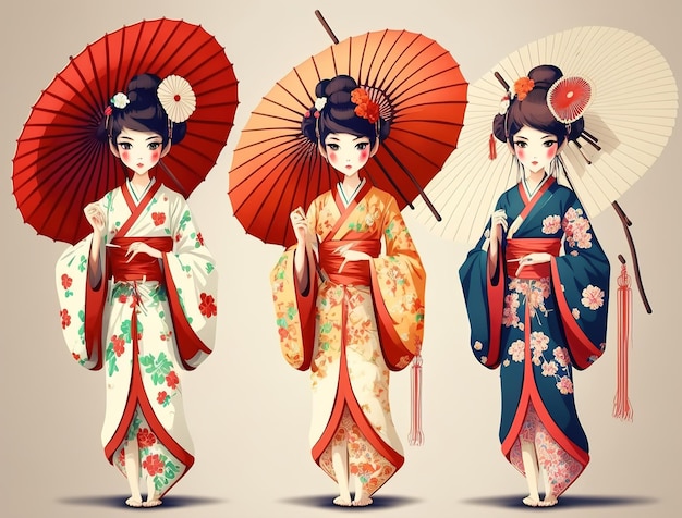 Group of anime manga girls in traditional Japanese kimono costume holding paper umbrella