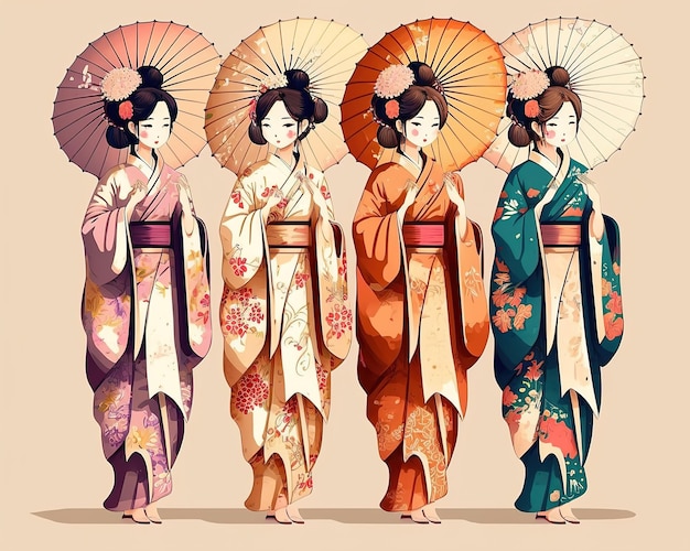 Group of anime manga girls in traditional Japanese kimono costume holding paper umbrella