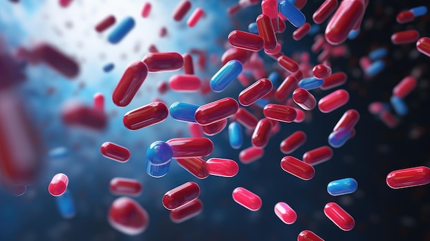 A group of antibiotic pill capsules fallling Healthcare background