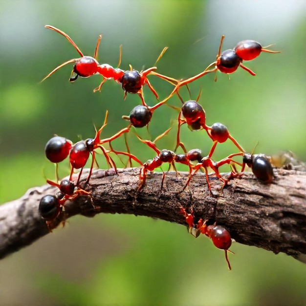 Photo a group of ants are on a branch with one being red ant