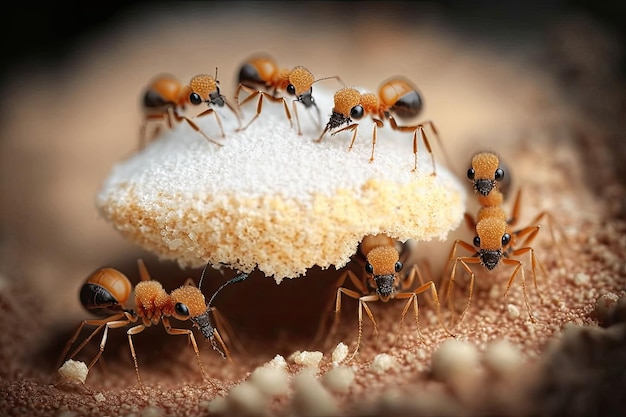 Group of ants are carrying food back to their colony Macro Zoom