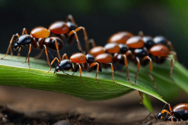 a group of ants are on a green leaf