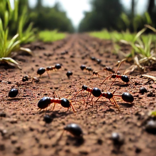 a group of ants are on the ground and one has a red ant on its back