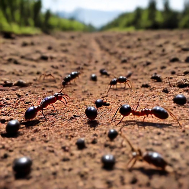 Photo a group of ants are on the ground and one has a red ant on its back