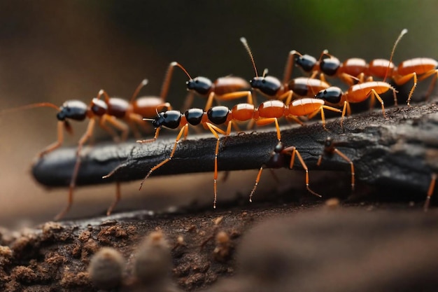 a group of ants are lined up on a branch