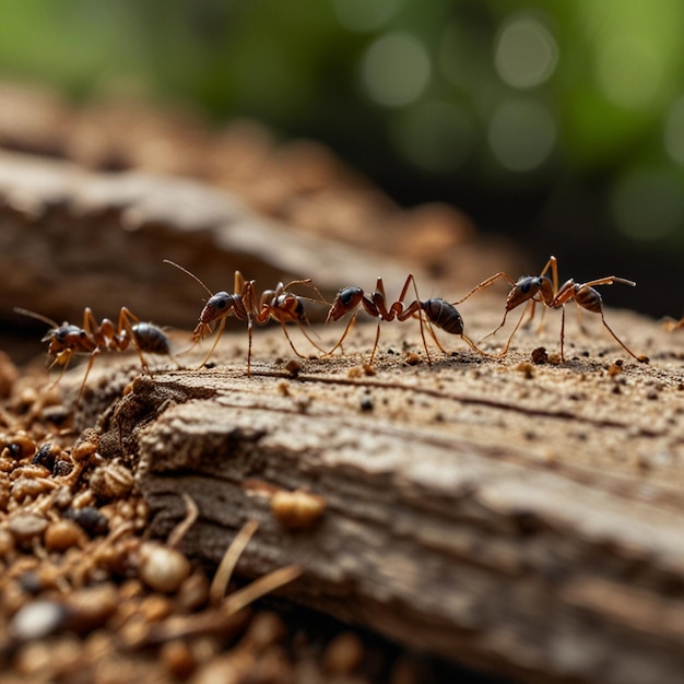 a group of ants are on a log one is black and white