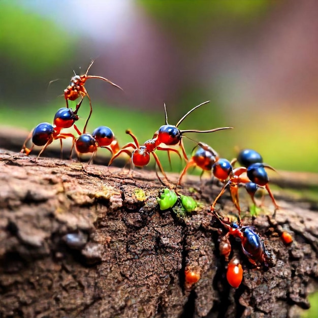 a group of ants are on a log one of which has a red one on the side