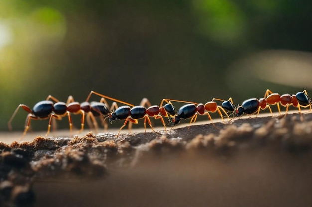 a group of ants are on a piece of wood