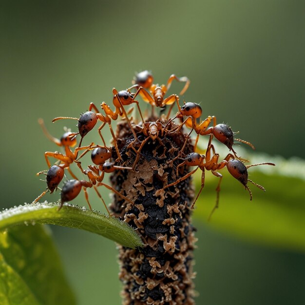 a group of ants are on a plant with a green background