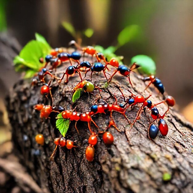 a group of ants are on a tree branch and a green leaf