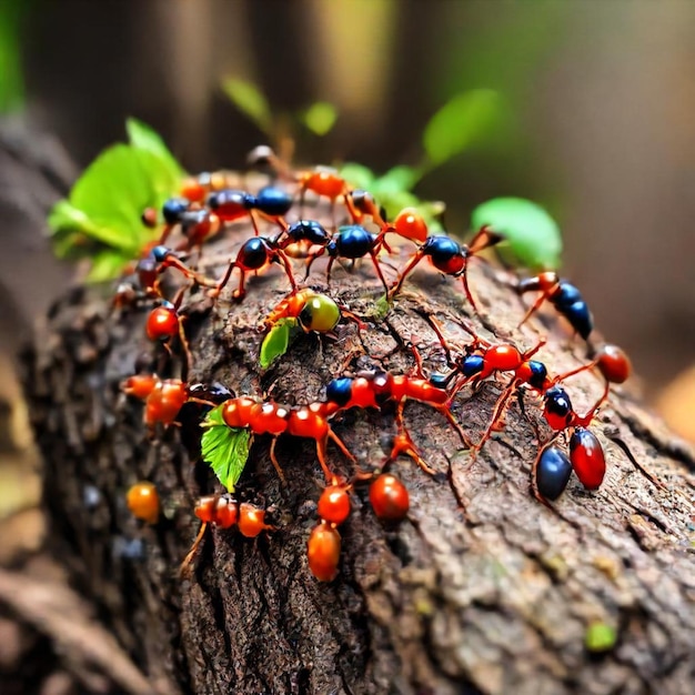 a group of ants are on a tree branch and a green leaf