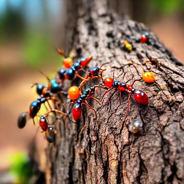 a group of ants are on a tree including one of them has a red and black color