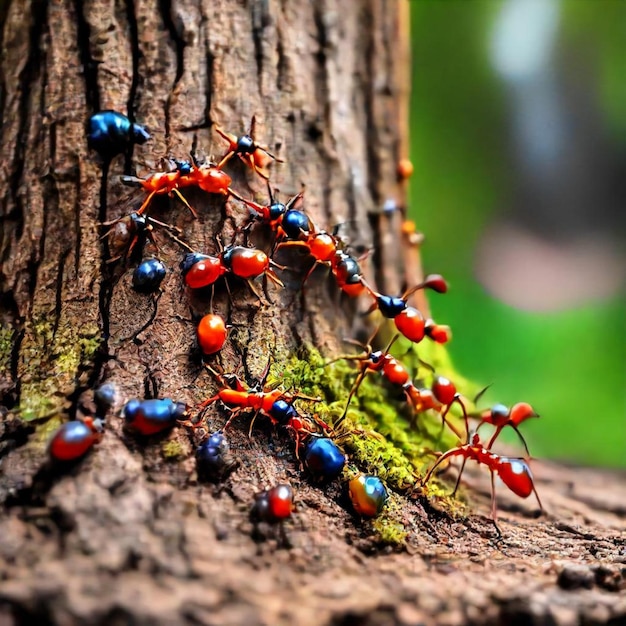 a group of ants are on a tree with a red and blue one