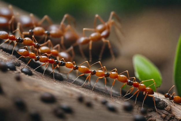 a group of ants are walking on a branch and one has red ant on it