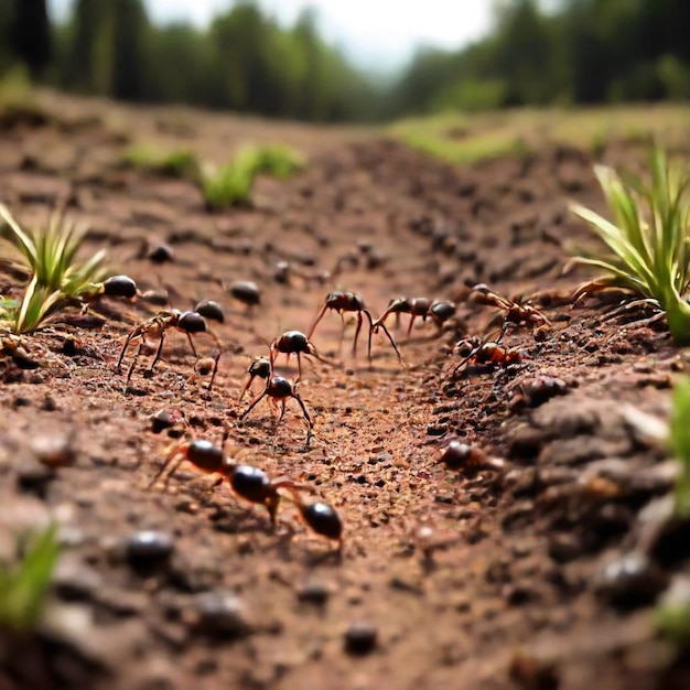 a group of ants are walking in the dirt and one is black