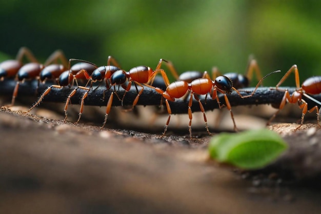 a group of ants are on a wooden surface one of which is red