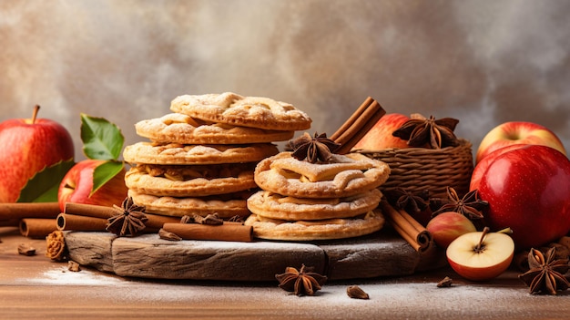 Group of apple pies with cinnamon sticks and apples