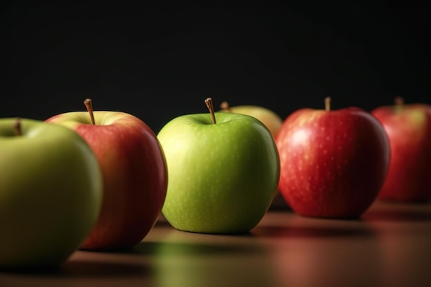 A group of apples are lined up on a table one of which is red and the other is green