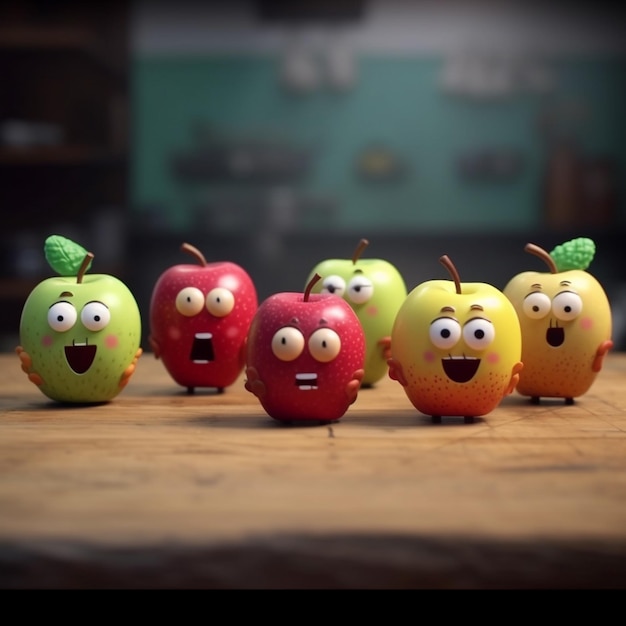 Photo a group of apples with faces on them and one has a green apple on it.