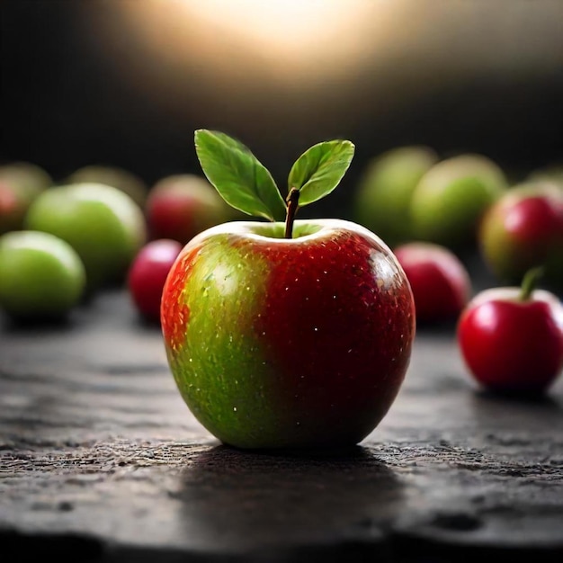 Photo a group of apples with a green leaf on the top