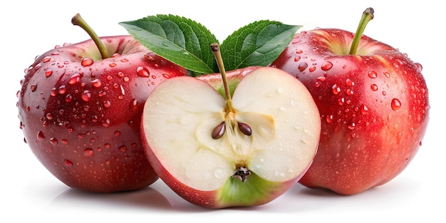 a group of apples with a green leaf on the top